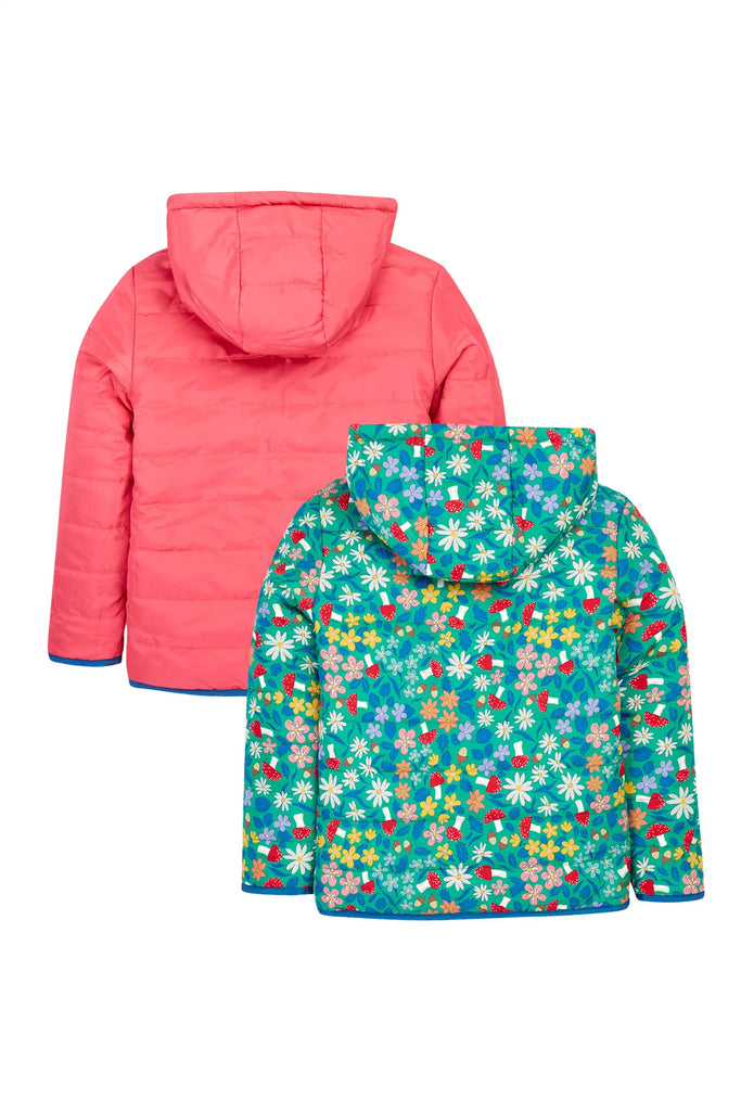 Frugi- Reversible Toasty Trail Jacket Wild Woods Tulip- Baby at the bank