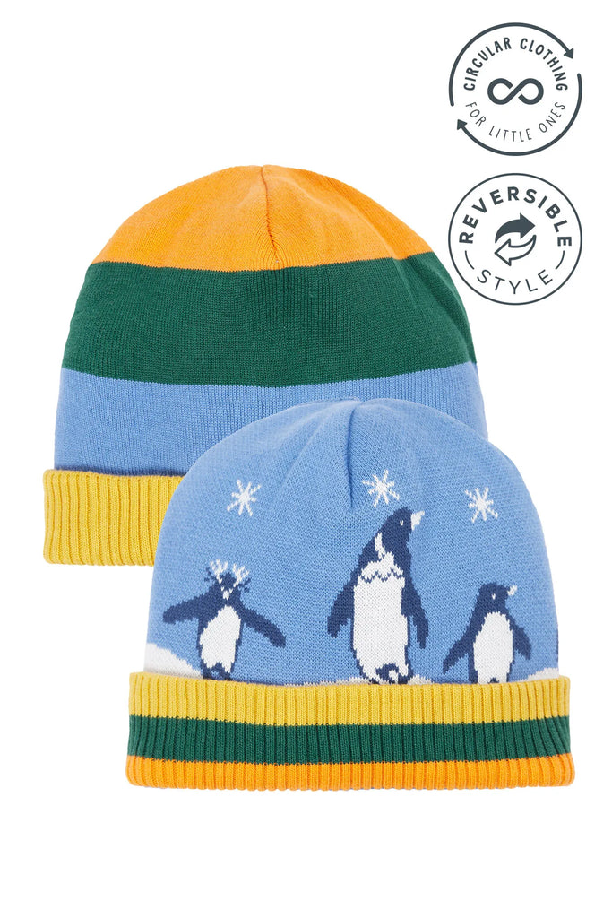 Frugi- Voyager Reversible Hat Penguin/Stripe- Baby at the bank