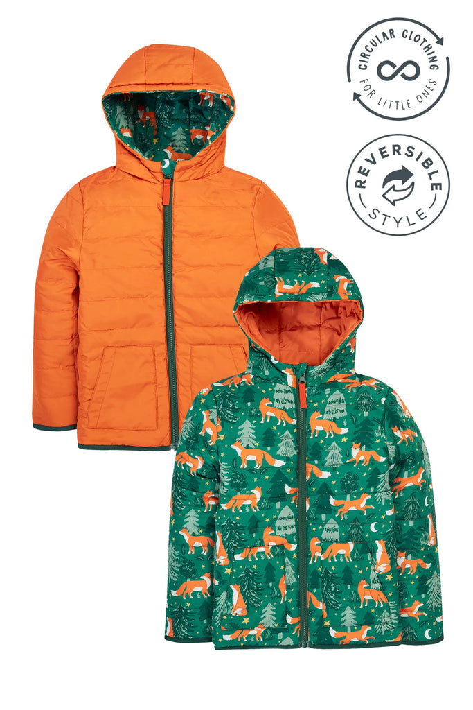 Frugi- Reversible Toasty Trail Jacket Woods Fox/Squirrel- Baby at the bank