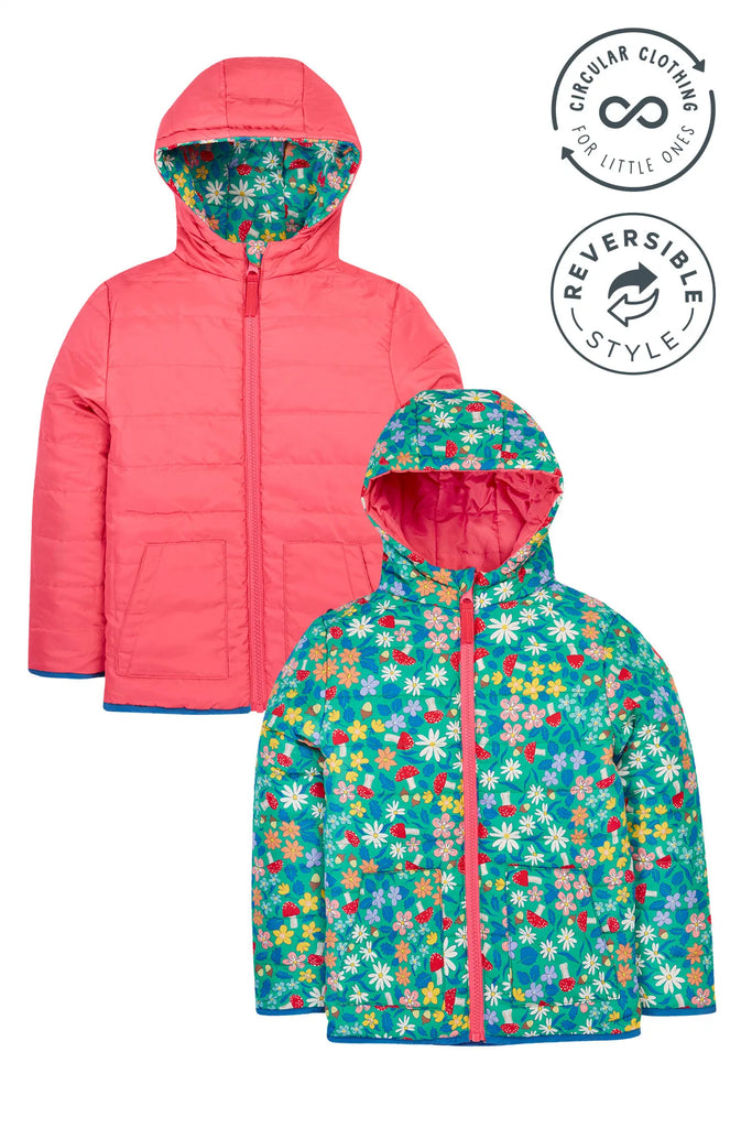 Frugi- Reversible Toasty Trail Jacket Wild Woods Tulip- Baby at the bank