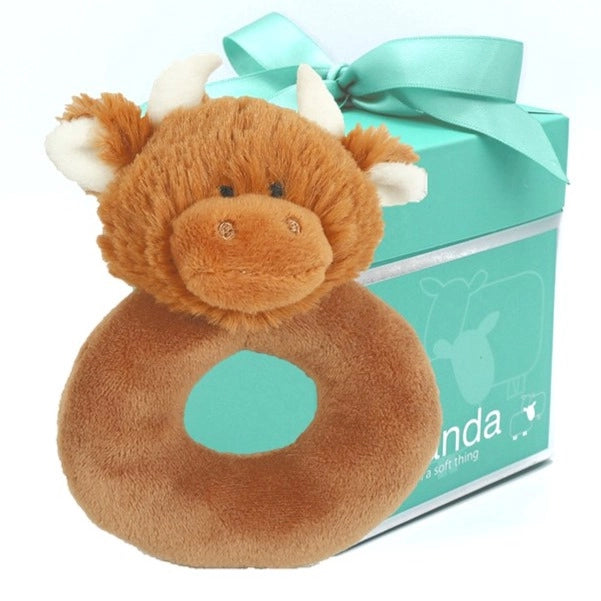 Jomanda - Scottish Highland Brown Cow Baby Plush Soft Toy Rattle 10cm- Baby at the bank