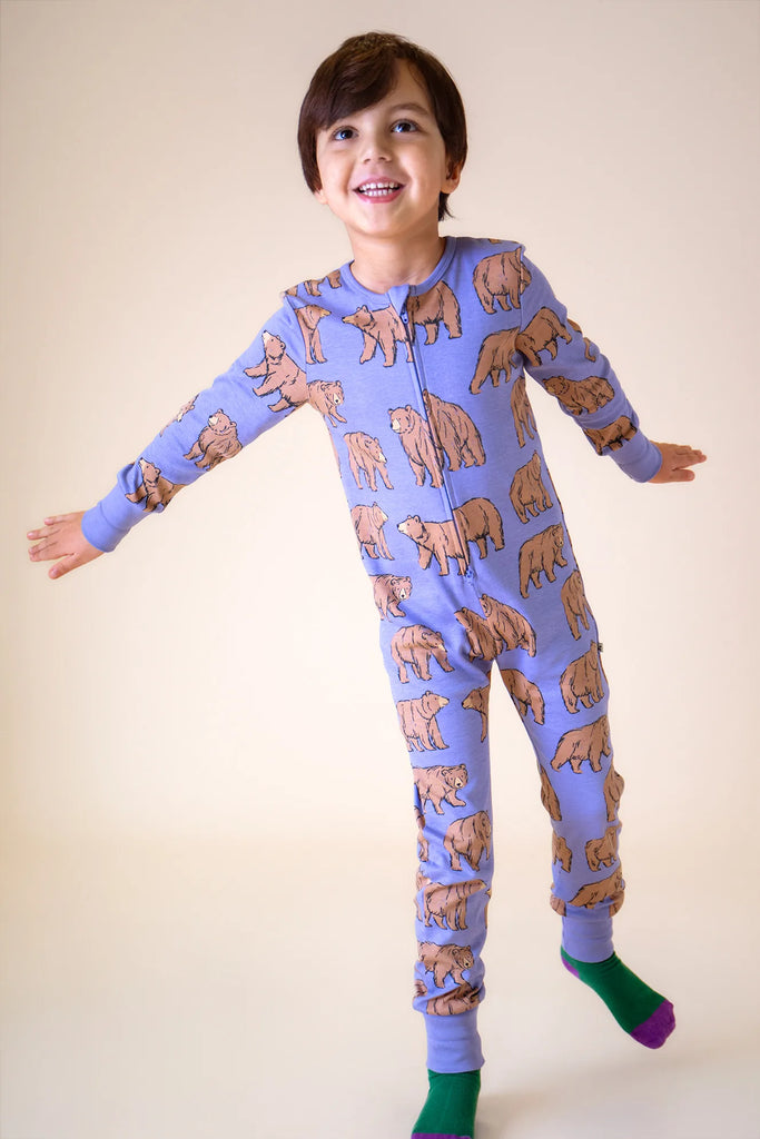 Frugi- Zelah Zip Up All In One Grape Beary Wild- Baby at the bank
