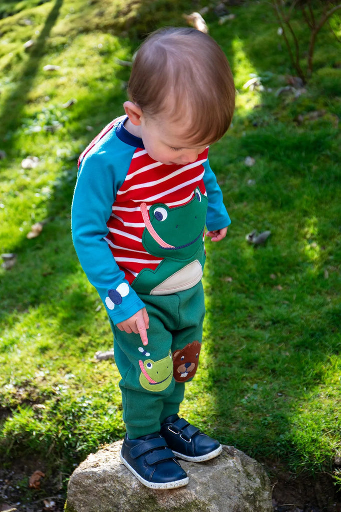 Frugi- Alfie Raglan Top Berry Red Breton/ Frog- Baby at the bank