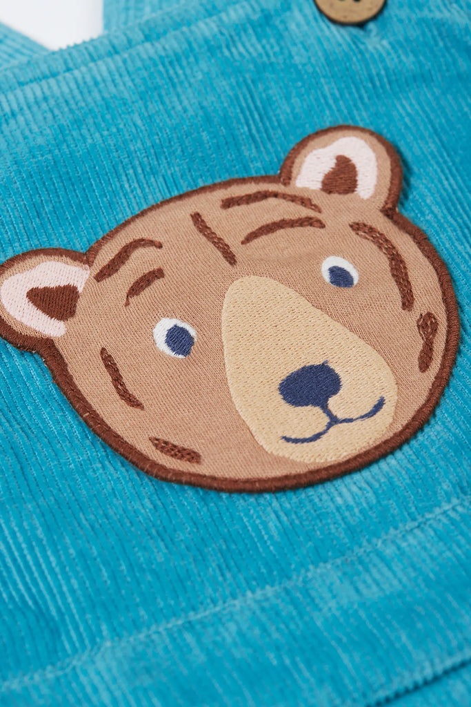 Frugi- Durgan Cord Dungaree Boast Blue/Bear- Baby at the bank