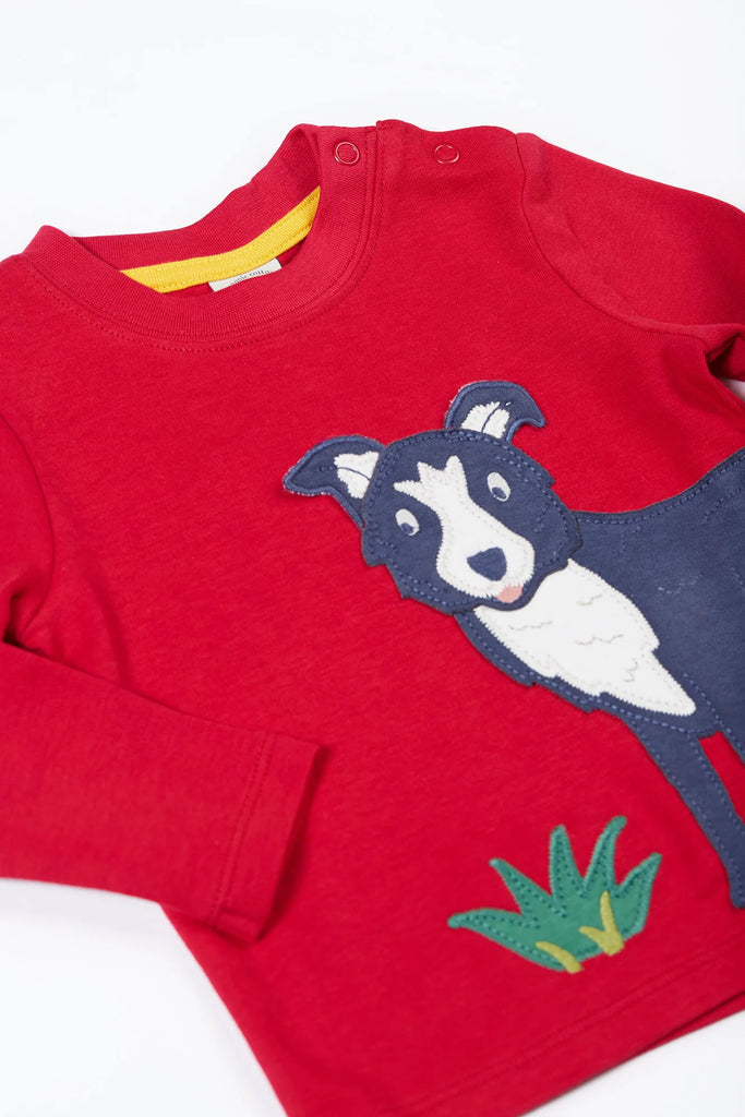 Frugi- Adventure Applique Top Berry Red/Sheepdog- Baby at the bank