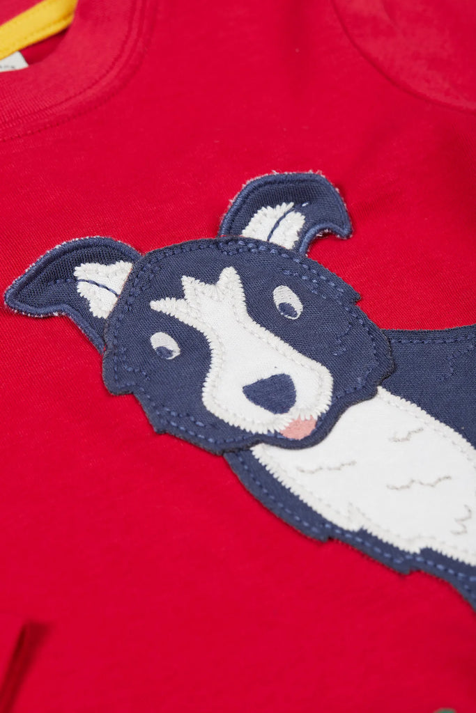 Frugi- Adventure Applique Top Berry Red/Sheepdog- Baby at the bank