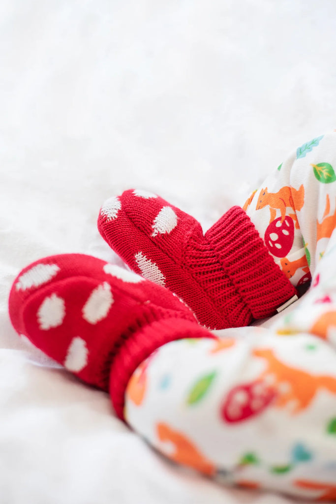 Frugi- Noa Knitted Booties Red/Mushroom One Size- baby at the  bank