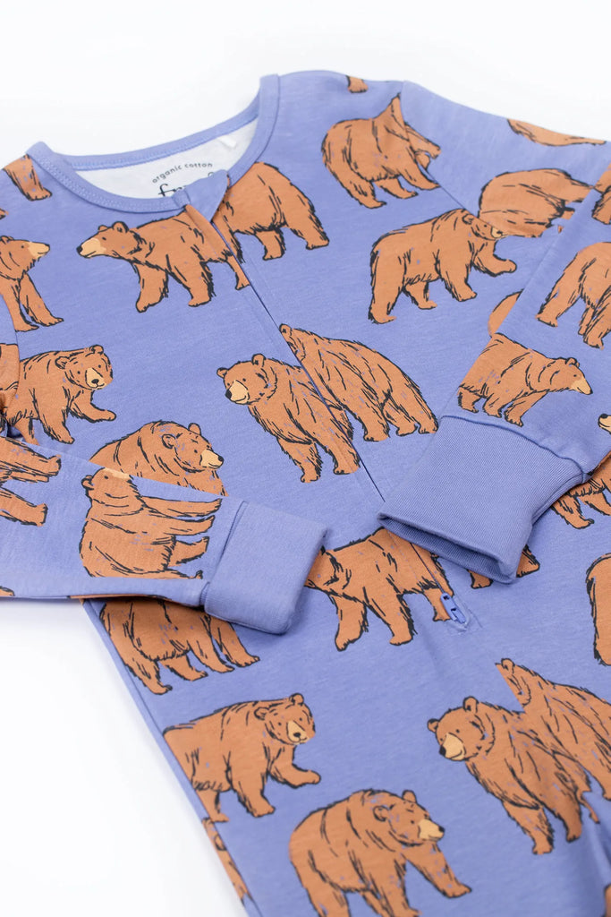 Frugi- Zelah Zip Up All In One Grape Beary Wild- Baby at the bank