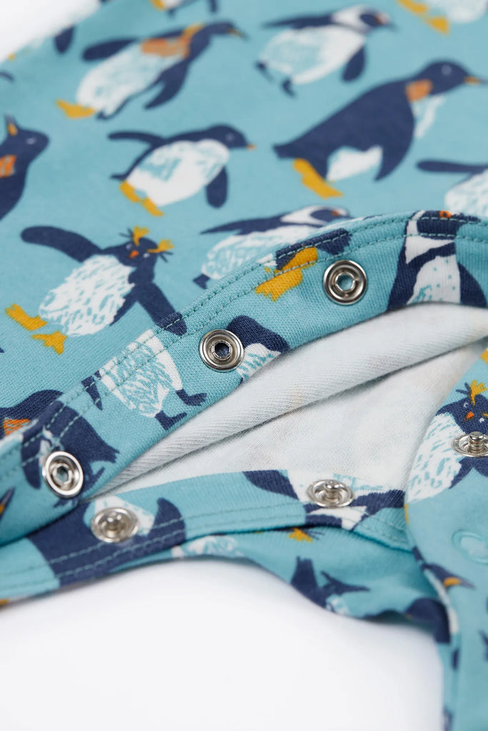 Frugi- Lovely Babygrow Lichen Penguin Waddle- Baby at the bank