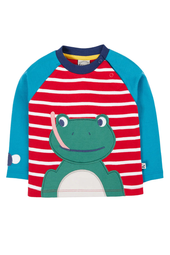 Frugi- Alfie Raglan Top Berry Red Breton/ Frog- Baby at the bank