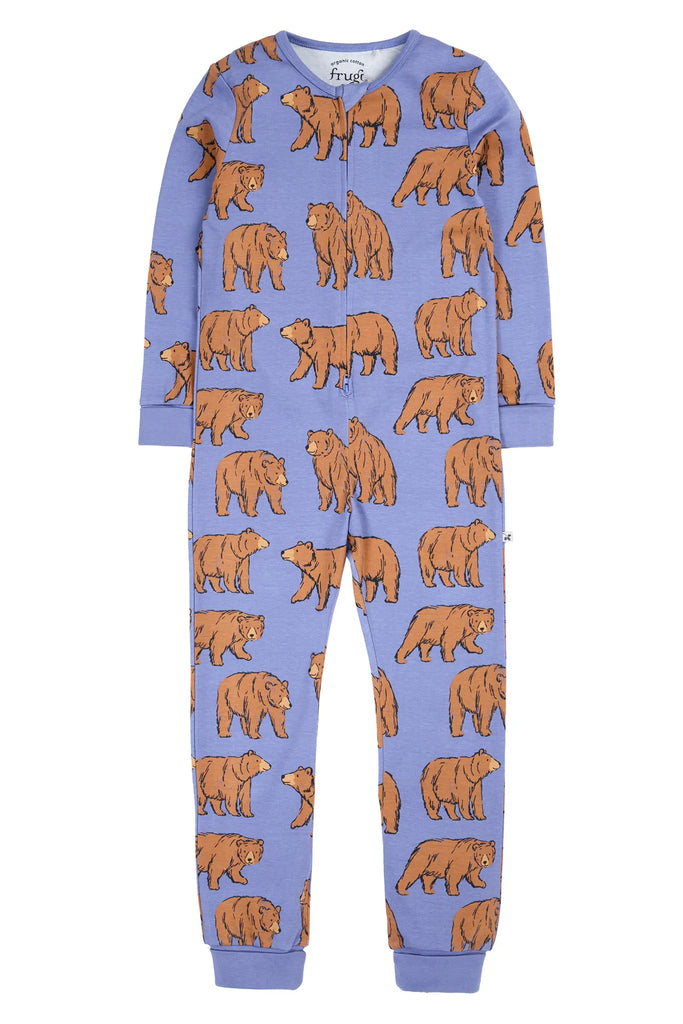 Frugi- Zelah Zip Up All In One Grape Beary Wild- Baby at the bank