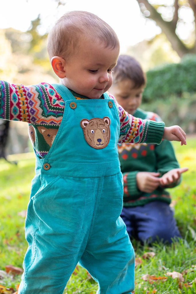 Frugi- Durgan Cord Dungaree Boast Blue/Bear- Baby at the bank