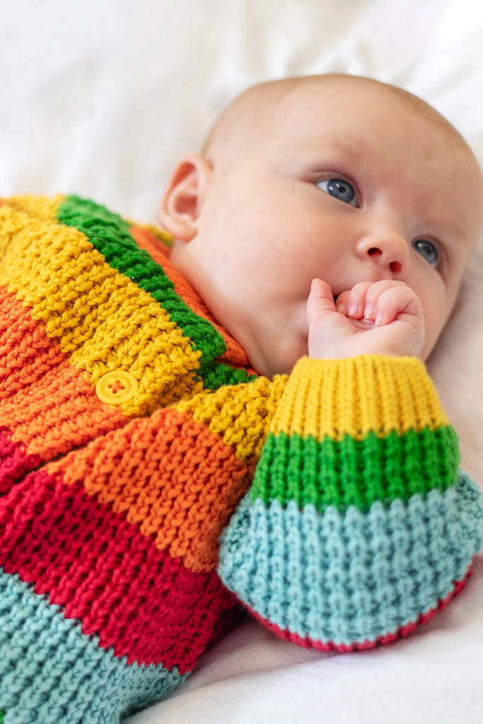 Frugi- Cuddly Cardigan Bright Rainbow Stripe- Baby at the bank