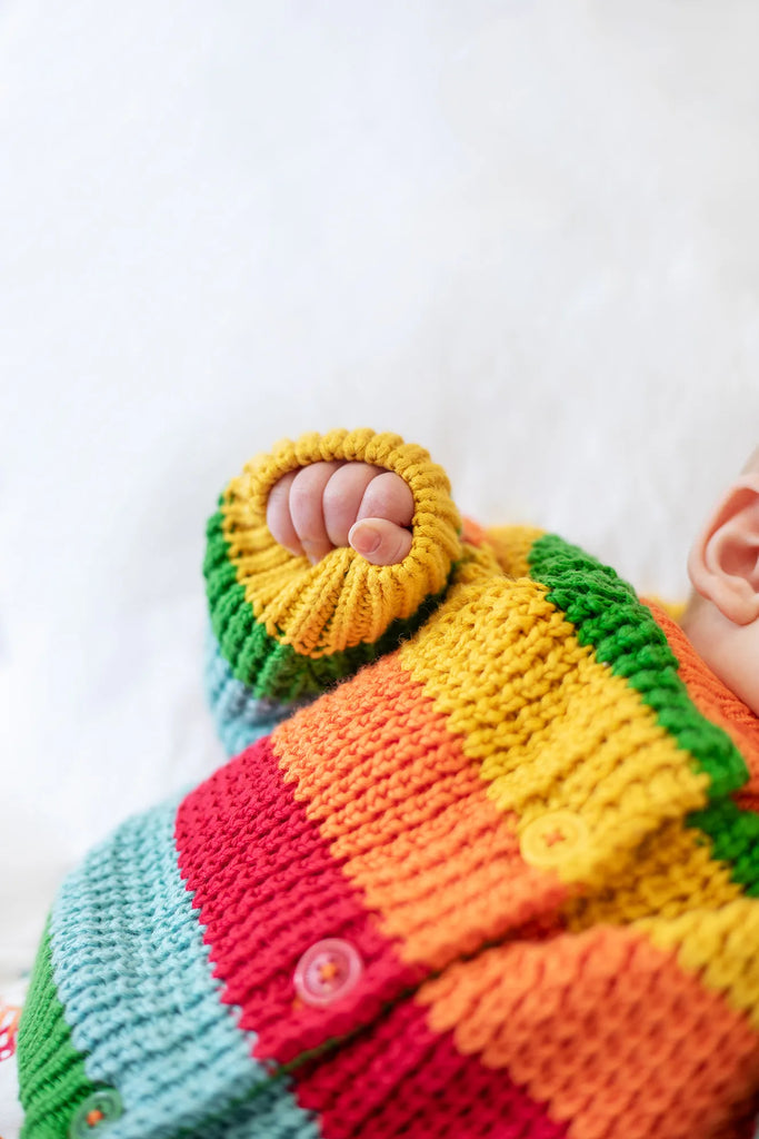 Frugi- Cuddly Cardigan Bright Rainbow Stripe- Baby at the bank
