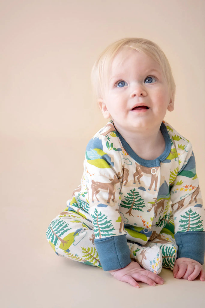 Frugi- Lovely Babygrow Caribou Fields- baby at the bank