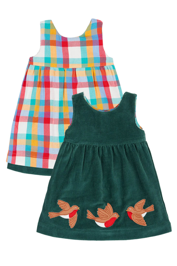 Frugi- Rosalie Reversible Dress Holly Green/Rainbow Check- Baby at the bank