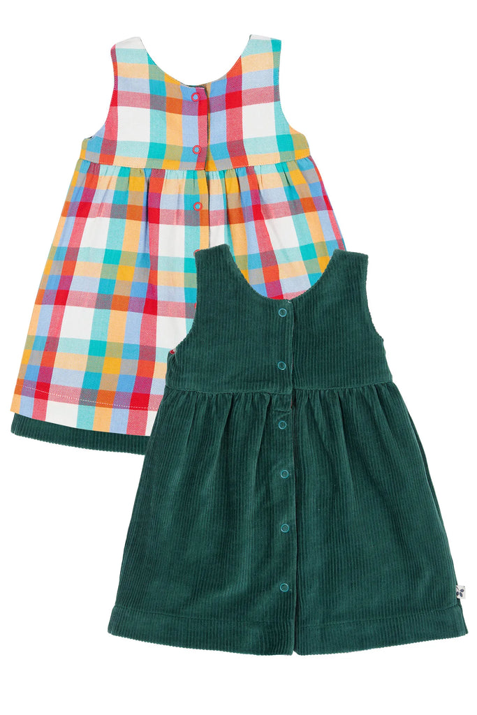 Frugi- Rosalie Reversible Dress Holly Green/Rainbow Check- Baby at the bank