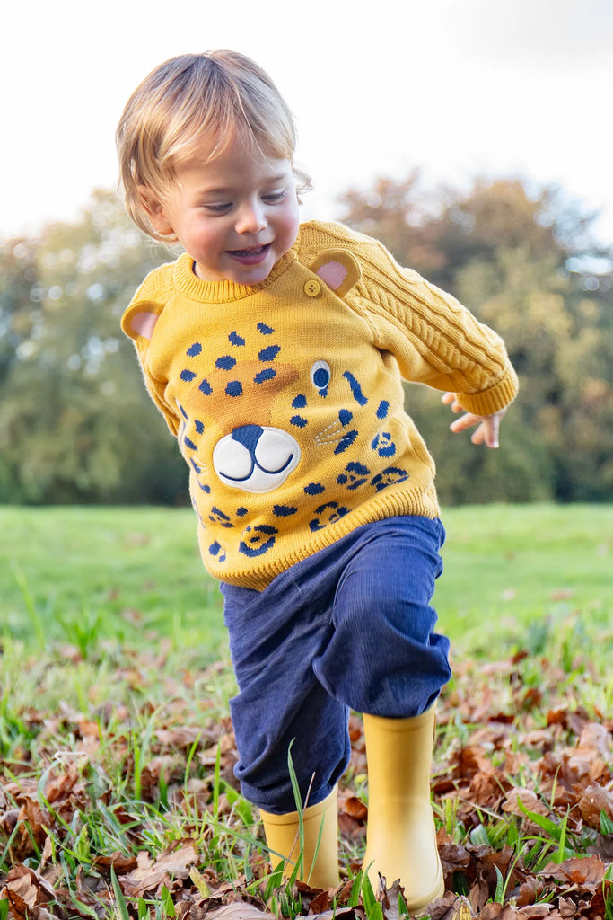 Frugi- Caleb Character Knit Jumper Primrose/Leopard- Baby at the bank