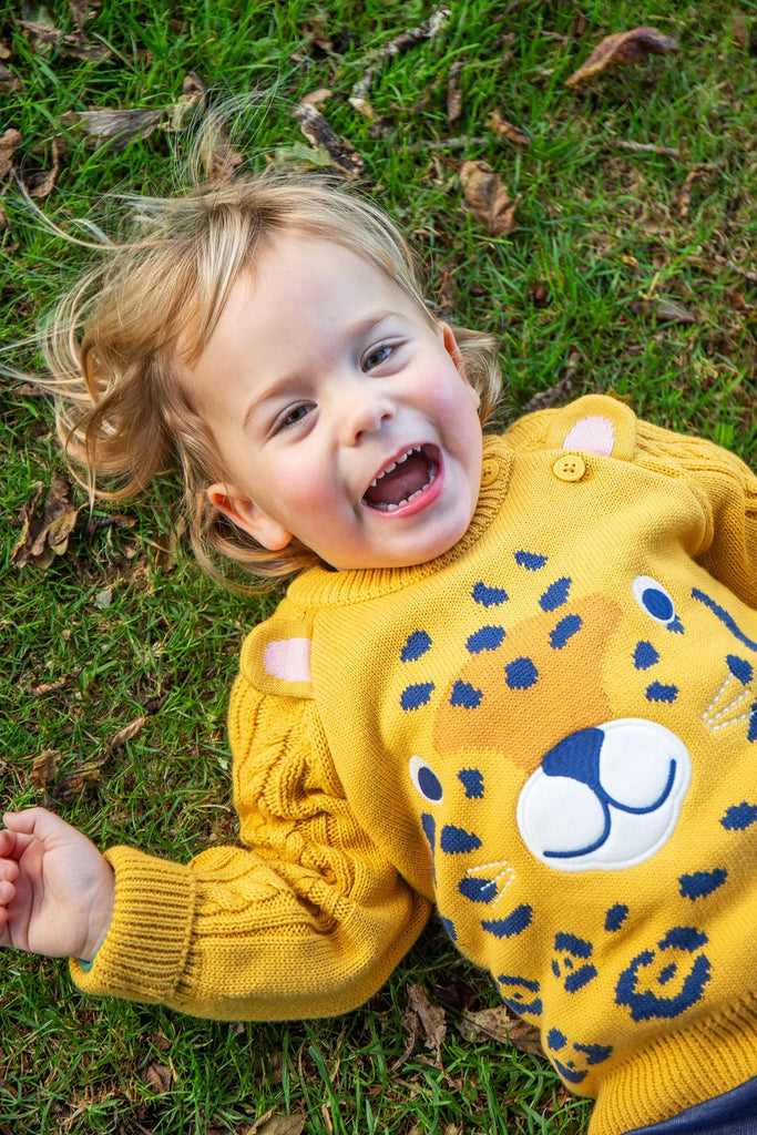 Frugi- Caleb Character Knit Jumper Primrose/Leopard- Baby at the bank