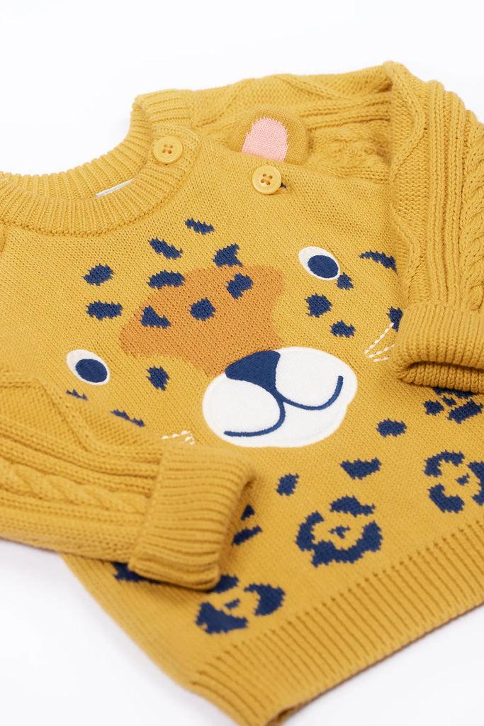 Frugi- Caleb Character Knit Jumper Primrose/Leopard- Baby at the bank