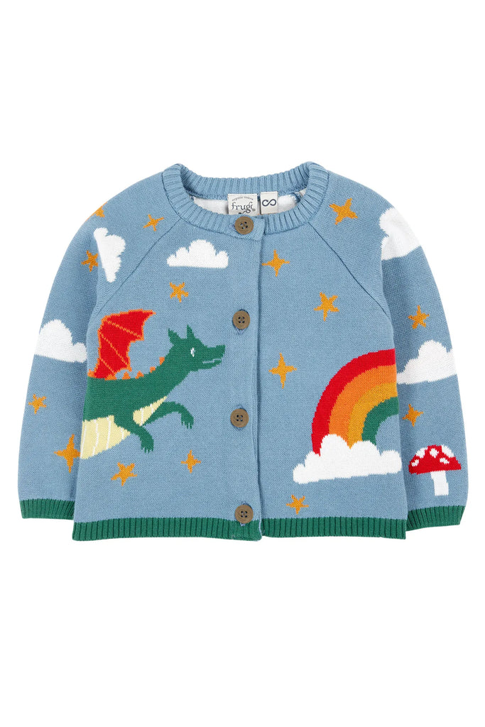 Frugi -Reva Knitted Cardigan Dragon Skies- Baby at the bank