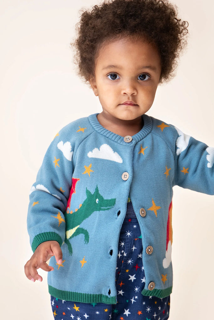 Frugi -Reva Knitted Cardigan Dragon Skies- Baby at the bank