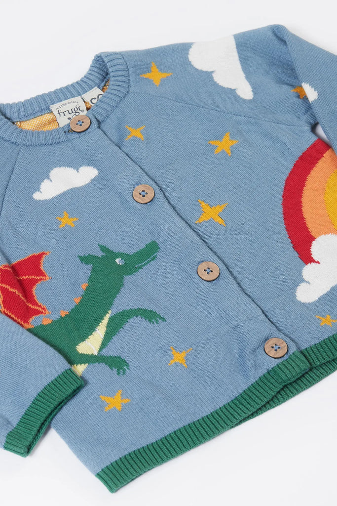 Frugi -Reva Knitted Cardigan Dragon Skies- Baby at the bank