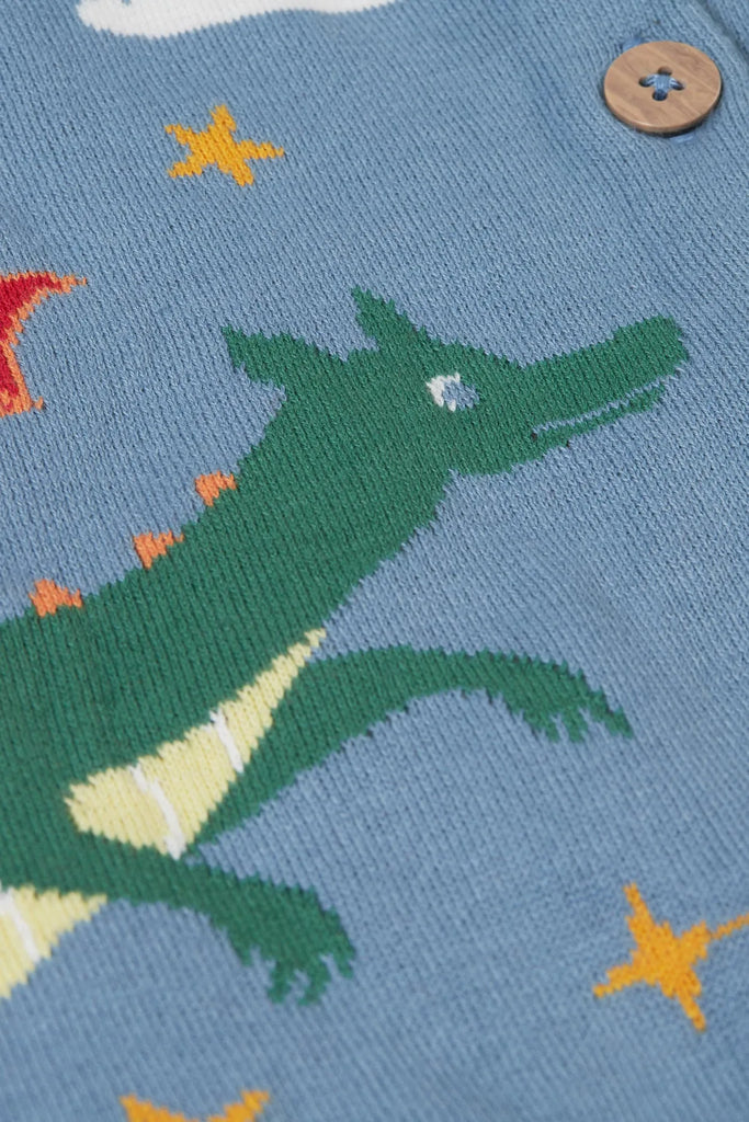 Frugi -Reva Knitted Cardigan Dragon Skies- Baby at the bank