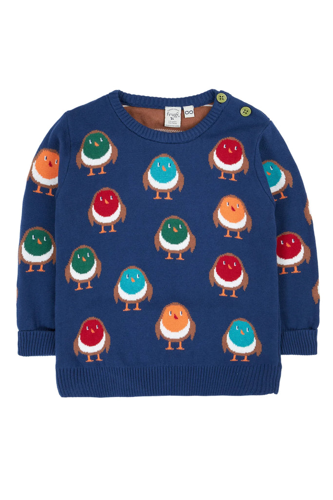 Frugi-Jolly Knitted Jumper Navy/Rainbow Robins- Baby at the bank