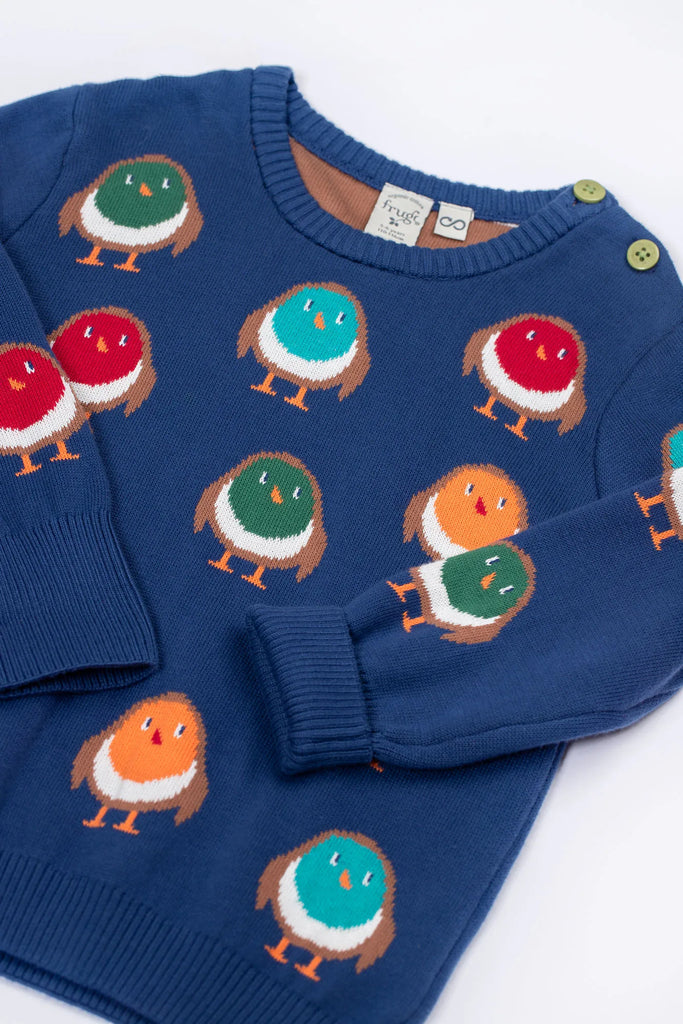 Frugi-Jolly Knitted Jumper Navy/Rainbow Robins- Baby at the bank