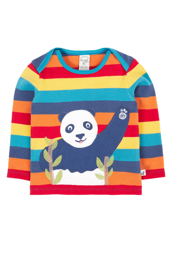 Frugi- Bobby Applique Top Big Rainbow Stripe/Panda- Baby at the bank