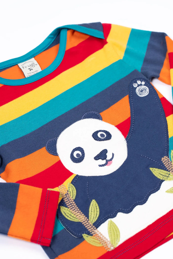 Frugi- Bobby Applique Top Big Rainbow Stripe/Panda- Baby at the bank