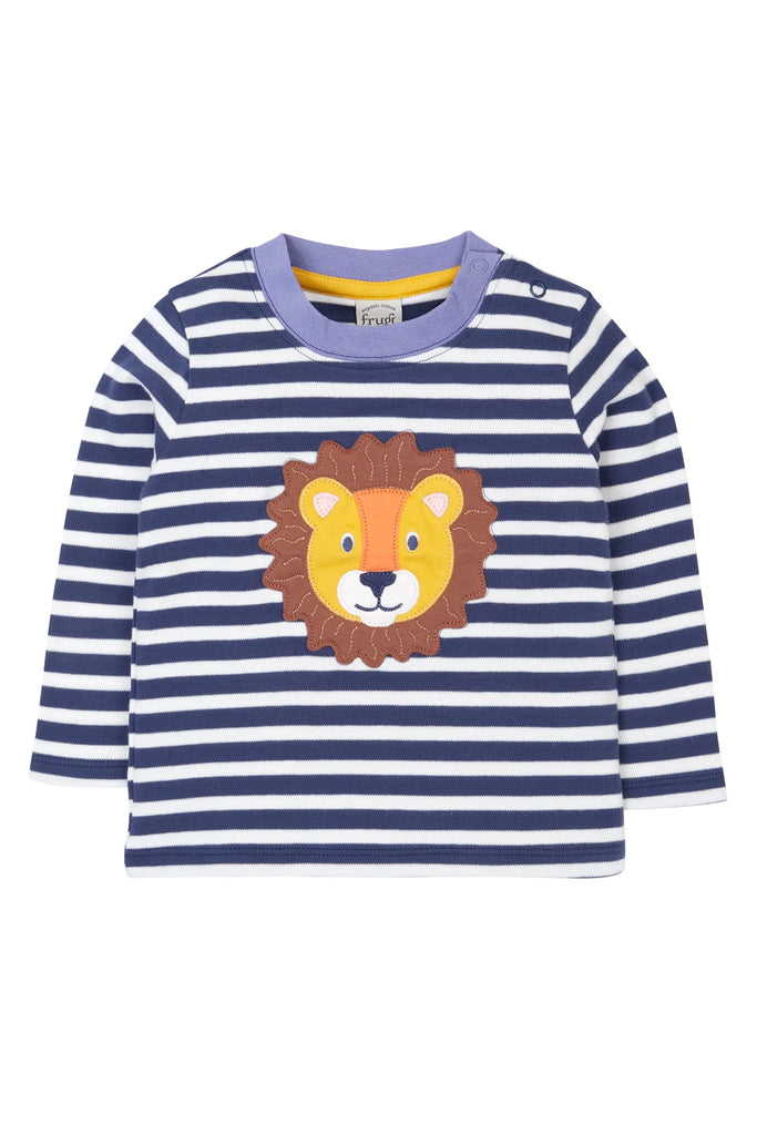 Frugi- Discovery Applique Top Navy Stripe/Lion- Baby at the bank