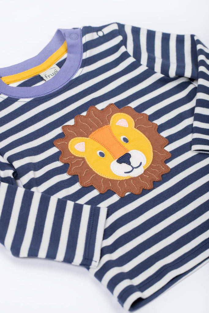 Frugi- Discovery Applique Top Navy Stripe/Lion- Baby at the bank