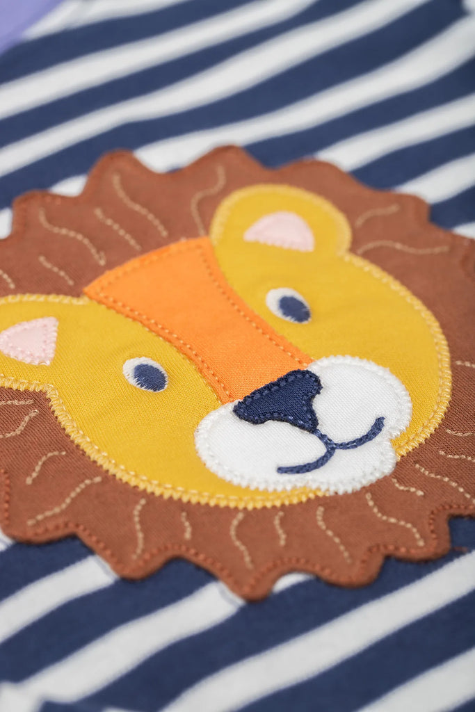 Frugi- Discovery Applique Top Navy Stripe/Lion- Baby at the bank