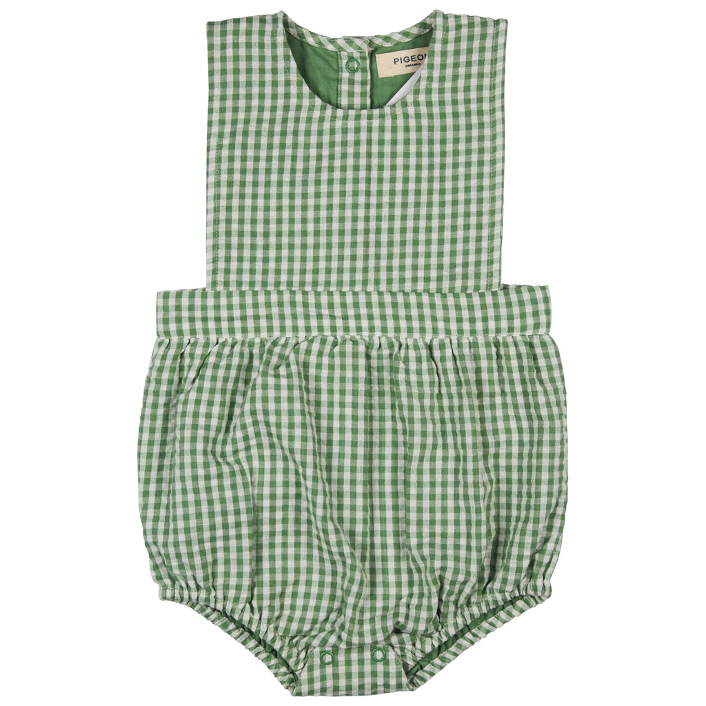 Pigeon Organics- Bib Romper Seersucker Check Green- Baby at the bank