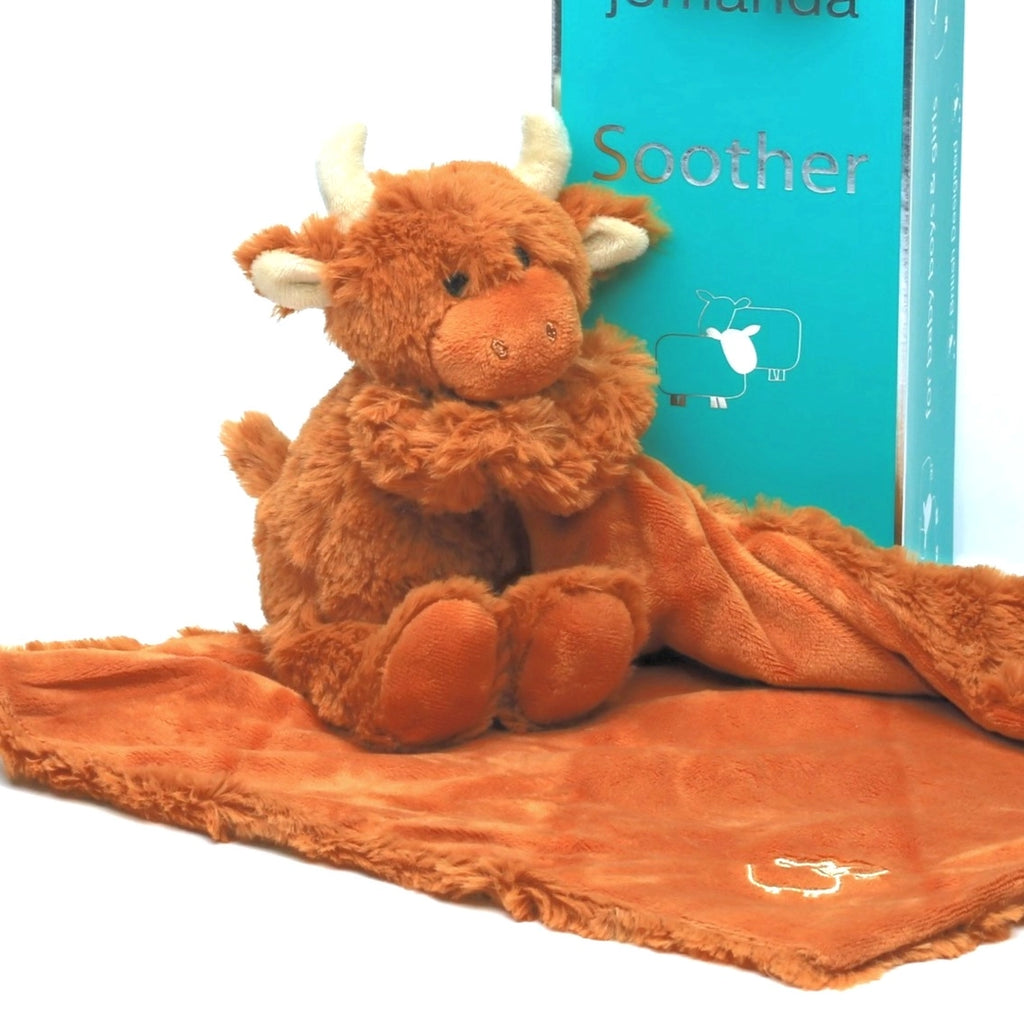 Jomanda- Highland Cow Brown Soft Toy Soother Comforter 29cm (Copy)- Baby at the bank