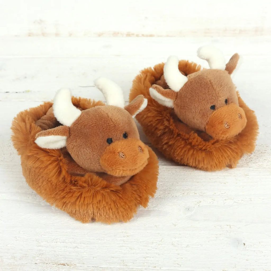 Jomanda - Highland Cow Plush Baby Soft Slippers House Shoes- Baby at the bank