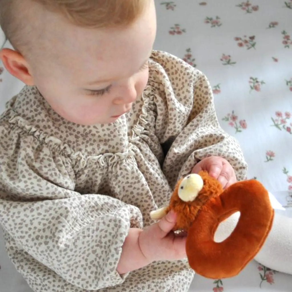 Jomanda - Horny Highland Brown Cow Baby Plush Rattle - 10cm- Baby at the bank