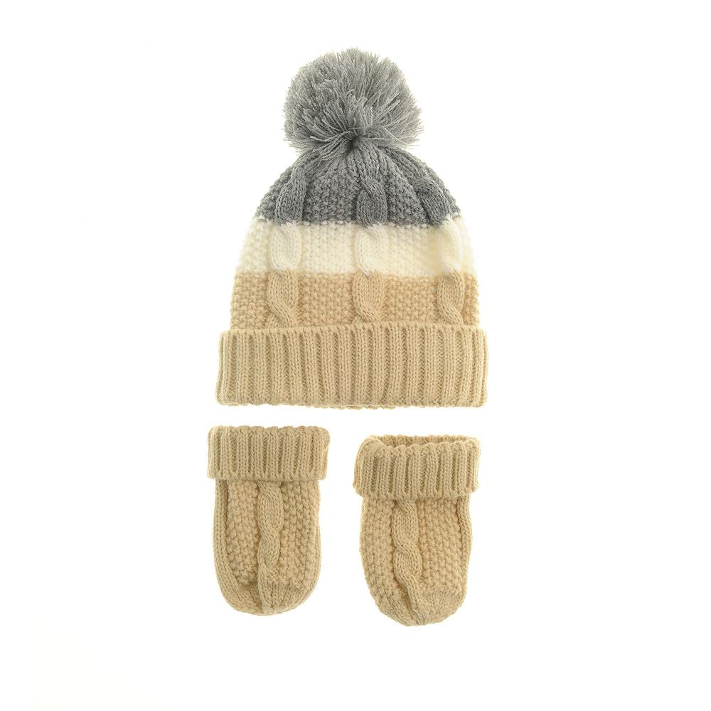 Ziggle- Beige, Cream & Grey Cable Knit Bobble Hat and Mitten- Baby at the bank