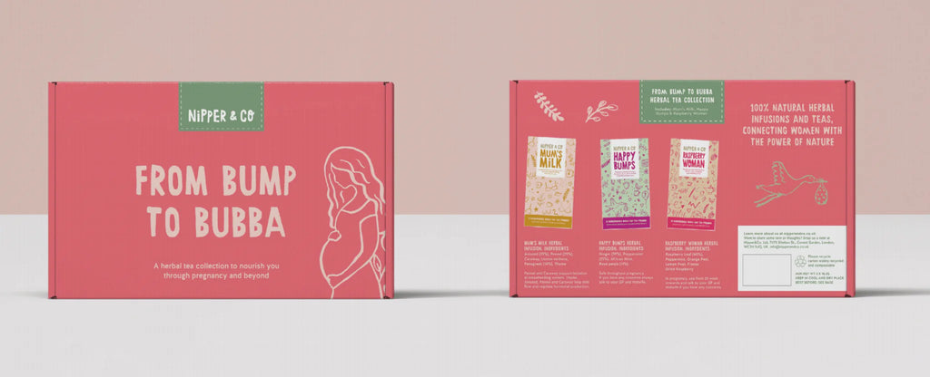 Nipper & Co.-BUMP TO BUBBA - GIFT BOX WITH MUM'S MILK, RASPBERRY WOMAN AND HAPPY BUMPS TEA- Baby at the bank