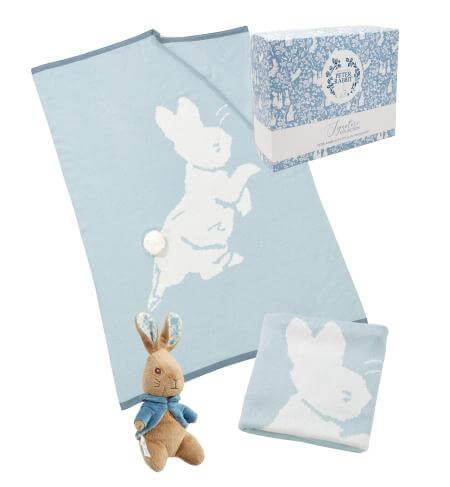 Peter Rabbit- Peter Rabbit Signature Knitted Blanket with Soft Toy- baby at the bank