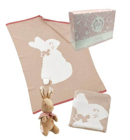 Peter Rabbit- Flopsy Signature Knitted Blanket with Soft Toy- Baby at the bank