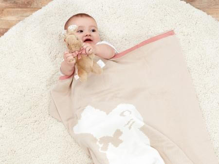 Peter Rabbit- Flopsy Signature Knitted Blanket with Soft Toy- Baby at the bank