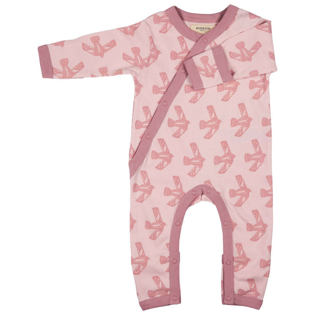 Pigeon Organics- Kimono Romper Flying Birds- Baby at the bank