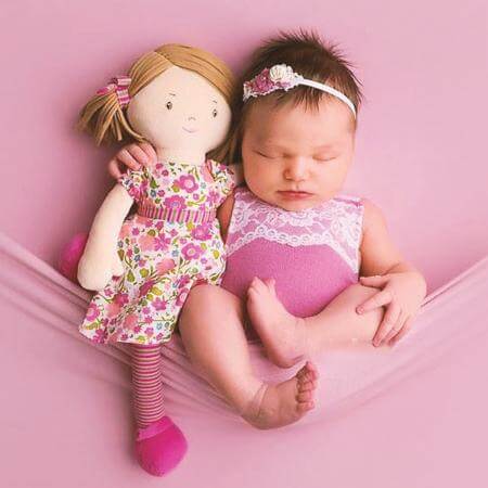 Rainbow Designs- Fran - Light Brown Hair in Dark Pink & Green Dress- baby at the bank