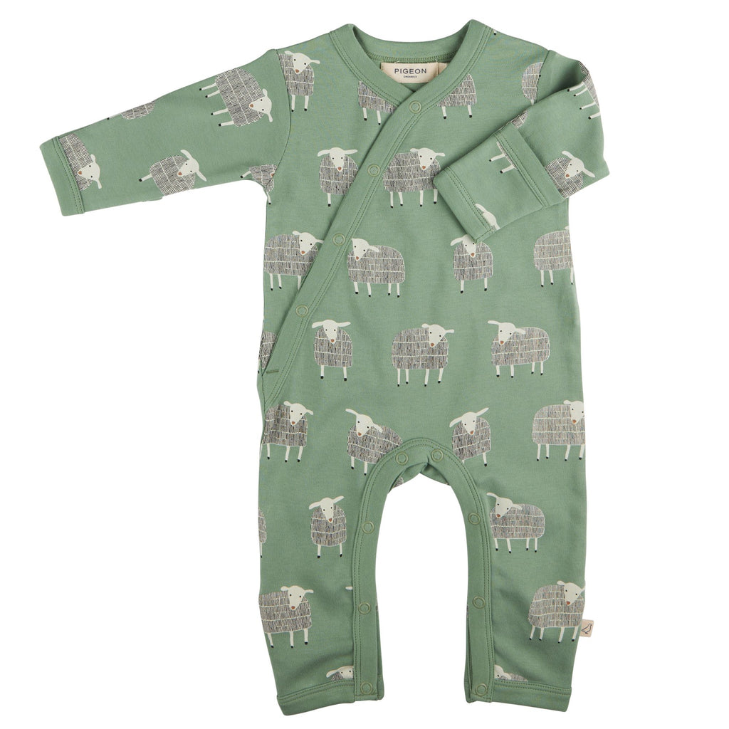 Pigeon Organics- Kimono Romper Sheep Basil- Baby at the bank