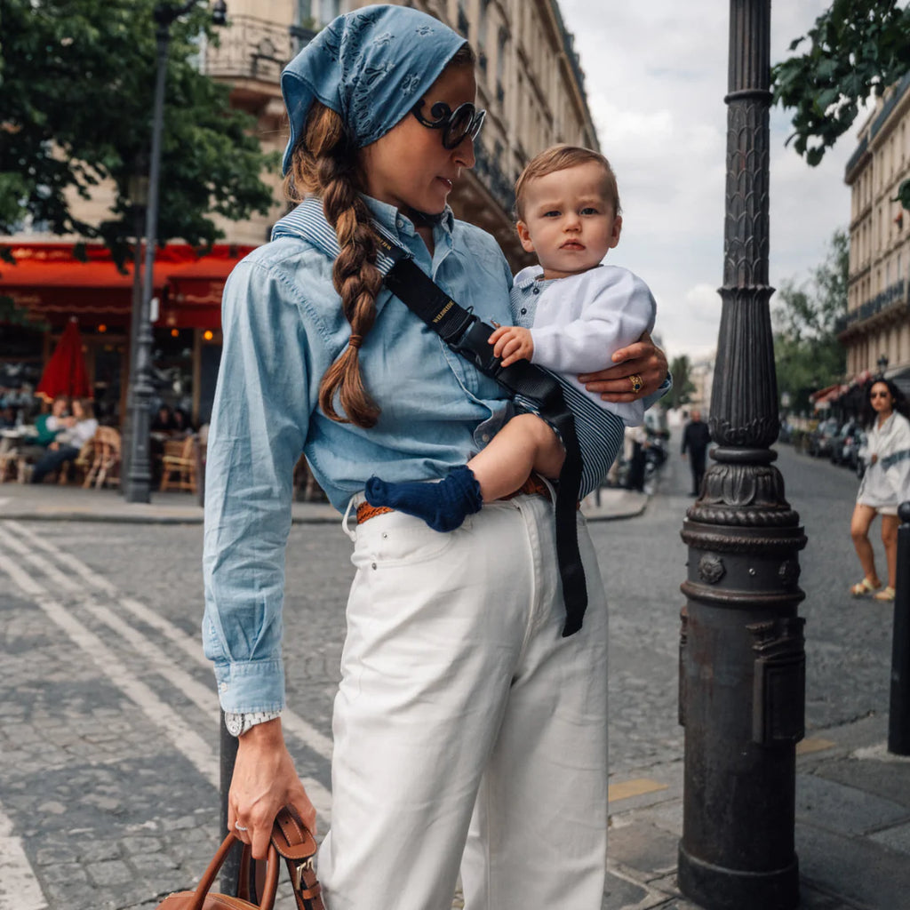 Wildride- Toddler Carrier Indigo Stripe- Baby at the bank