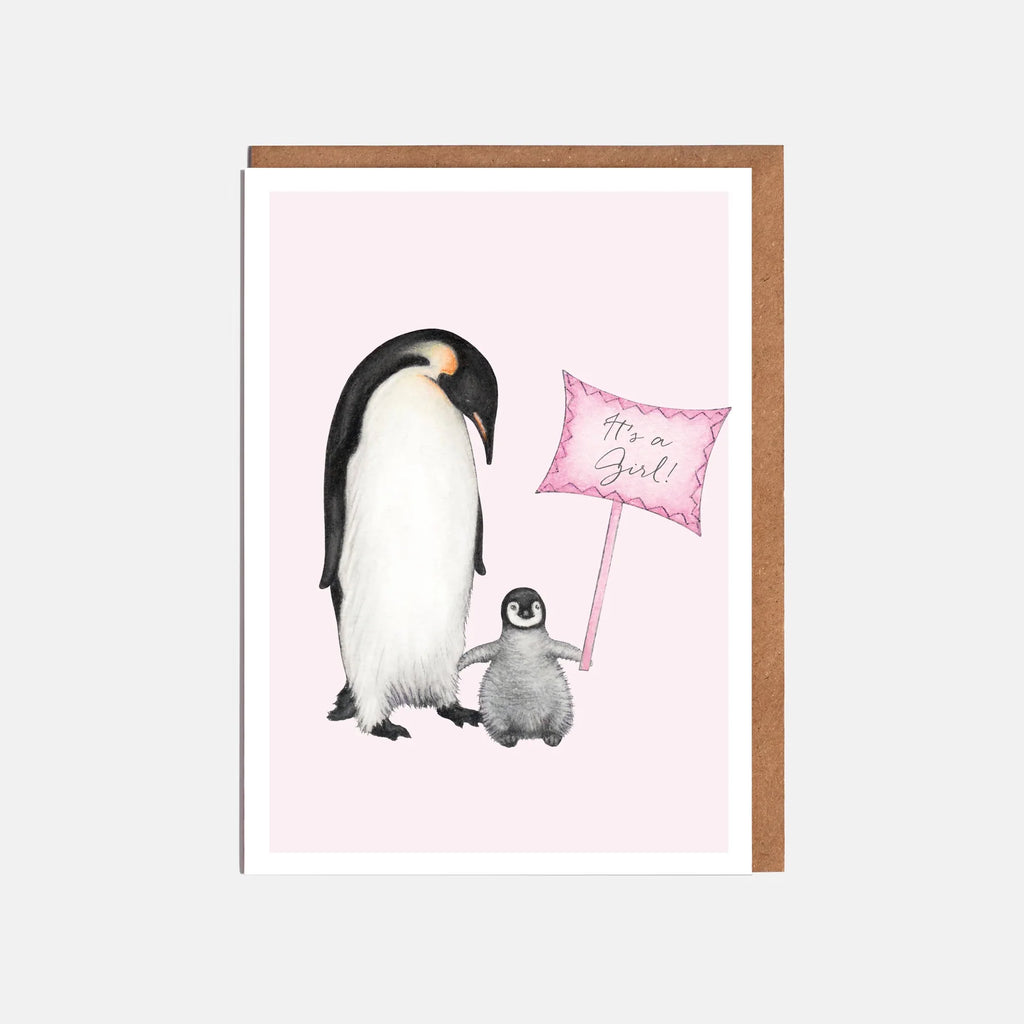 Lottie Murphy- Penguin New Baby Girl Card- Baby at the bank