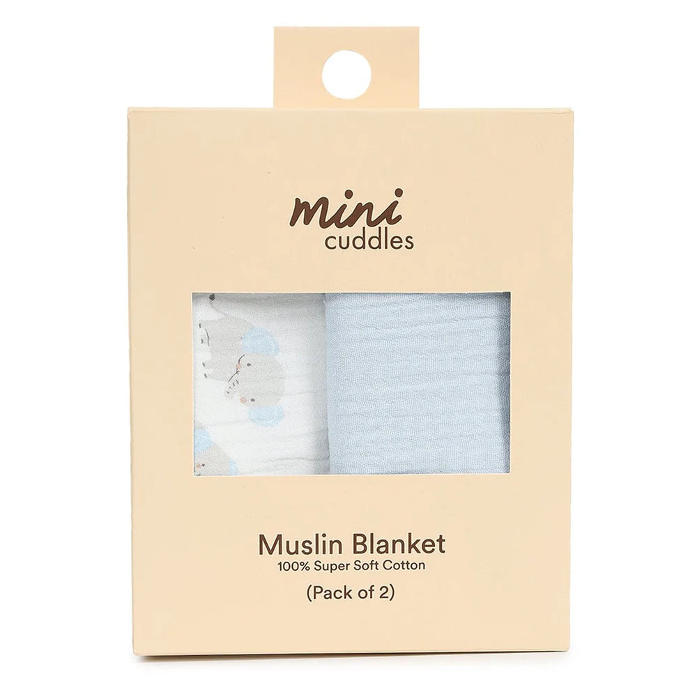 Minicuddles- Baby Boys Blue Elephant 2PK Muslin Blankets- Baby at the bank